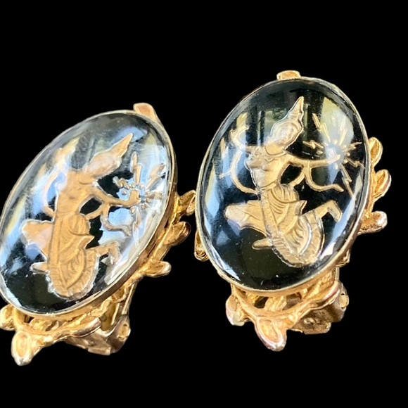 Black & Gold Panel Bracelet and Clip On Earrings Set Vintage Damascene Cabochons - Picture 3 of 11